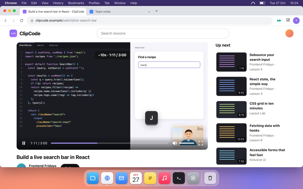 A coding tutorial with a minus 10 seconds hint over the video after pressing J