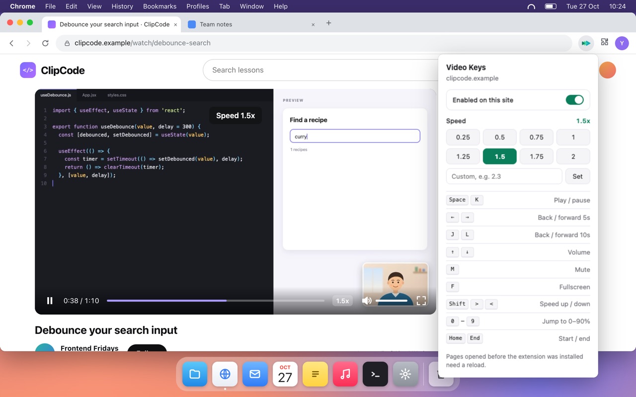 The Video Keys popup with the site switch, speed presets and the list of shortcuts